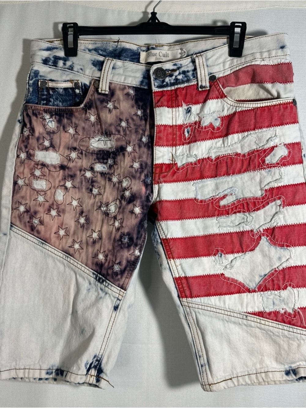 Blue Cult Men’s Distressed American Flag Denim Shorts - Red & Blue